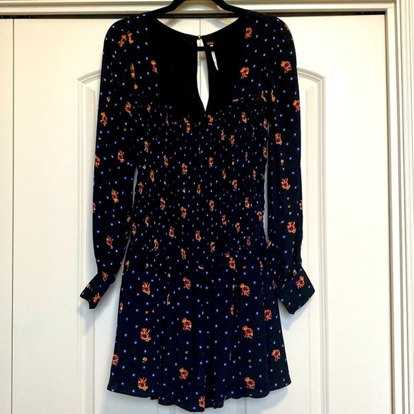 Free People Two Faces Smocked mini Dress Womens S Floral Stars square neck flowy - Picture 1 of 14
